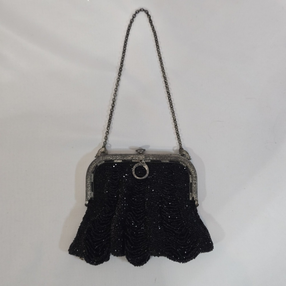 Antique Black Beaded Purse Swag Scalloped Evening Bag Ornate Frame Chain Handle